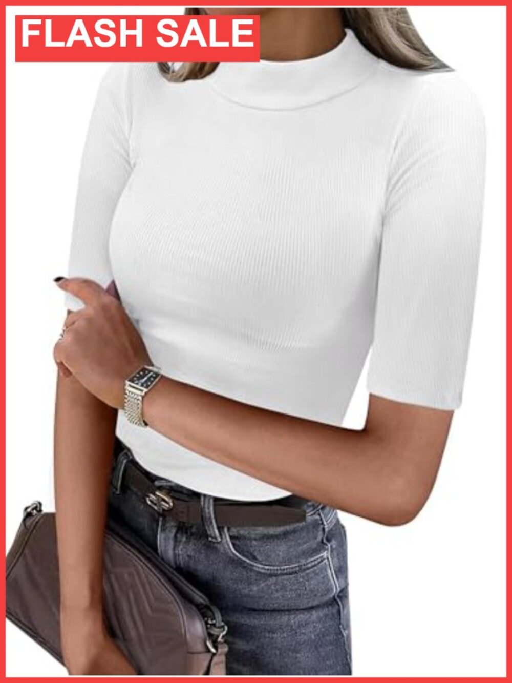 Mock Neck Half Sleeve Ribbed Knit Slim Fit T-Shirt Business Casual Top